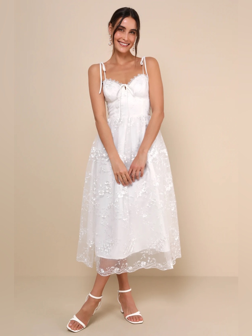 Lulus - Serene Perfection White Mesh Embroidered Tie-Strap Midi Dress